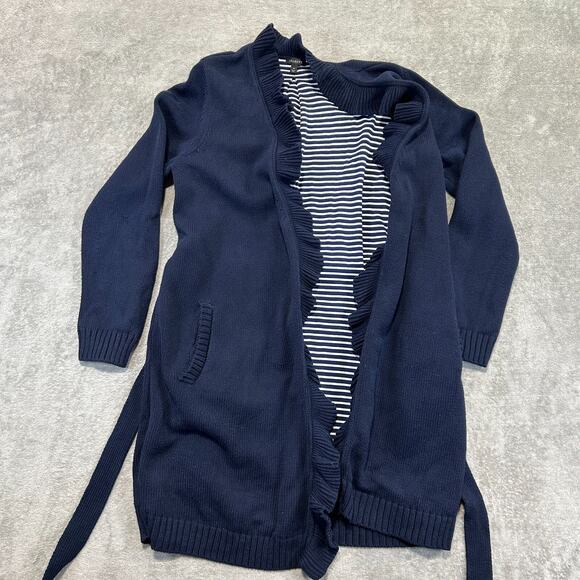 Talbots Blue Ruffle Cardigan Womens Medium Tie Waist Lined Pockets Cotton Blend - Picture 5 of 12